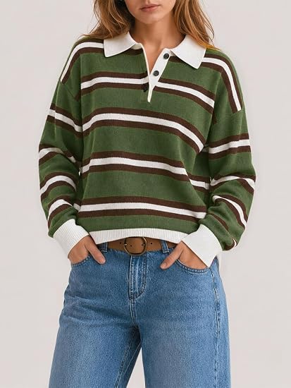 Women's Striped Polo Shirt Casual Pullover Knit Sweater