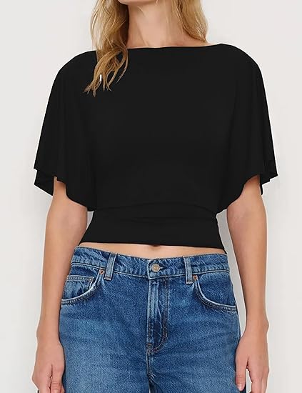 Women's Summer High-Elastic Cropped Round Neck Batwing Sleeve Back Tie T-Shirt（BUY3 FREE SHIPPING)