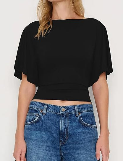 Women's Summer High-Elastic Cropped Round Neck Batwing Sleeve Back Tie T-Shirt（BUY3 FREE SHIPPING)