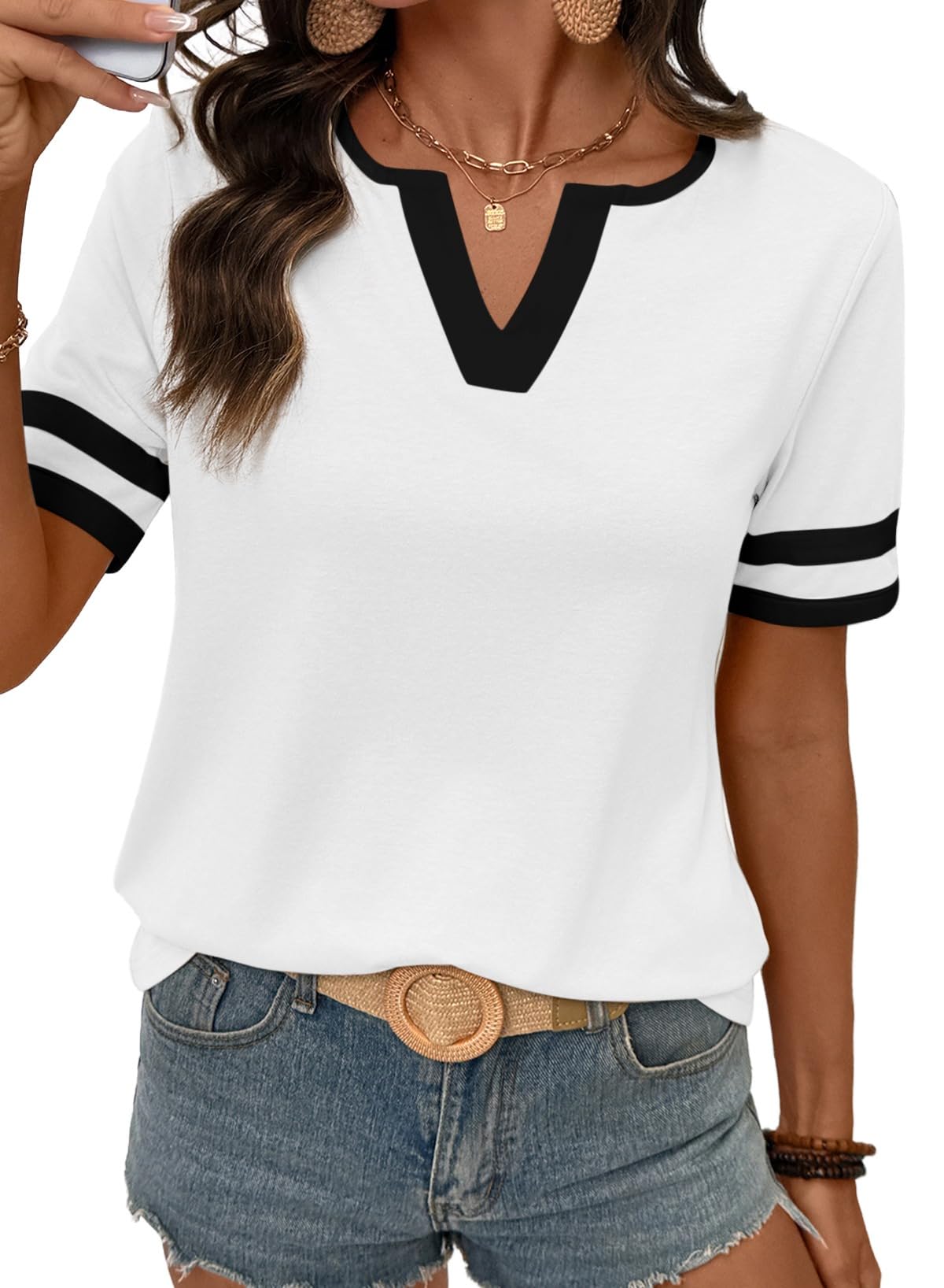 2026 Spring/Summer Women's Casual Colorblock V-Neck T-Shirt