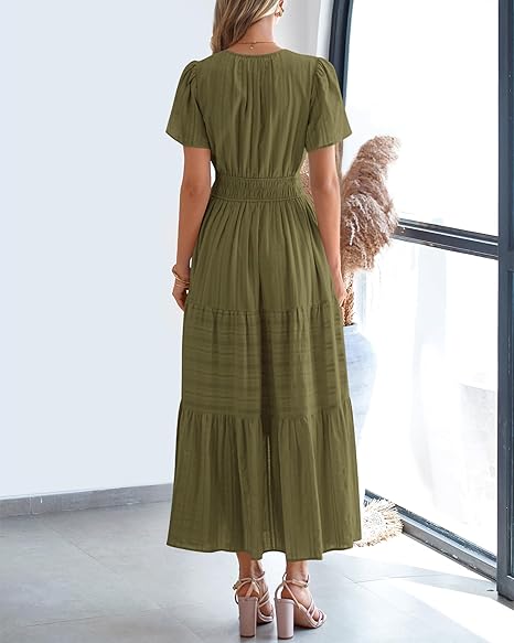 HOT SALE-Women's Lightweight Short Sleeve V Neck Elastic Waist Dresses