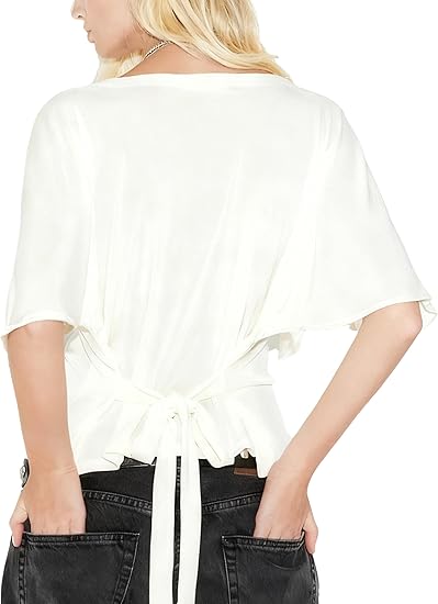 Women's Summer High-Elastic Cropped Round Neck Batwing Sleeve Back Tie T-Shirt（BUY3 FREE SHIPPING)