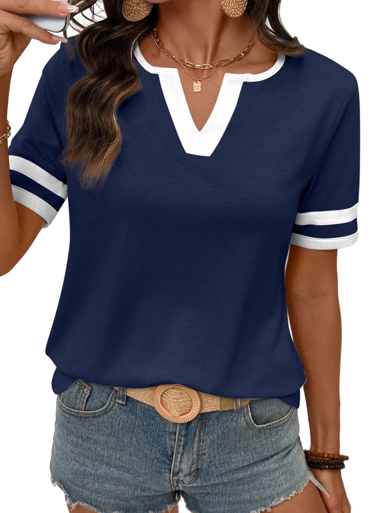 2026 Spring/Summer Women's Casual Colorblock V-Neck T-Shirt
