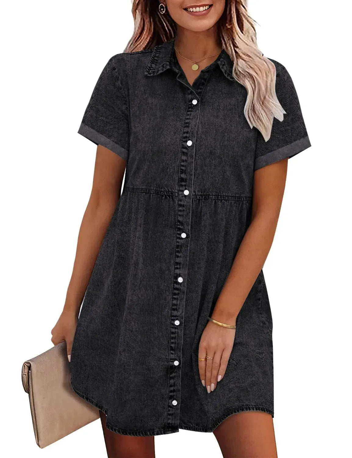 Women's Short Sleeve Button Down Flowy Tiered Babydoll Denim Dress（Buy 2 Free Shipping）