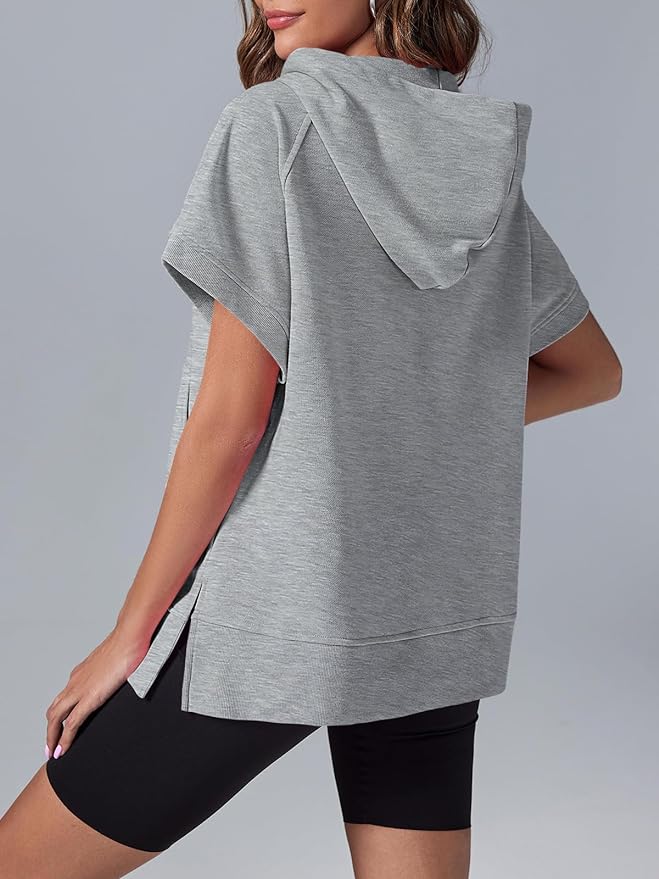 2026 Women's Oversized Casual Half Zip Short Sleeve Pullover Tops with Pockets