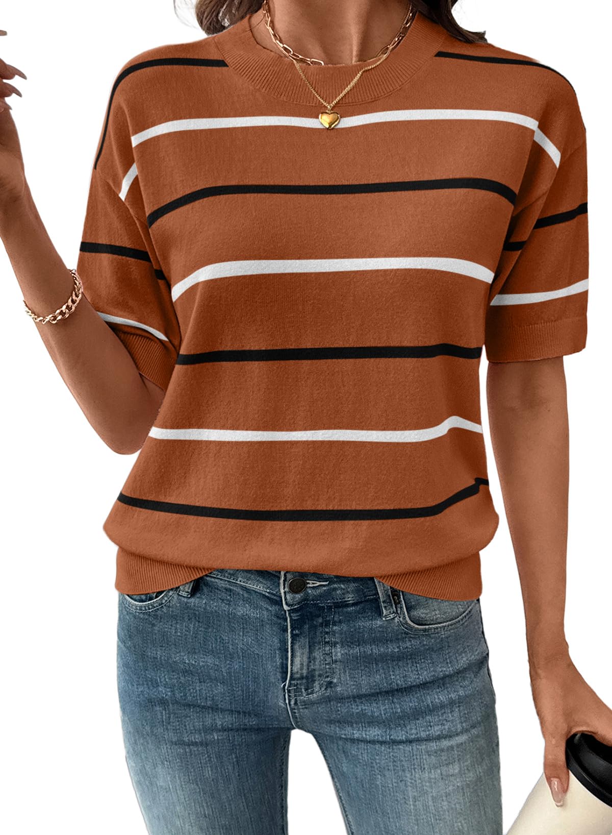 Womens Tops Crewneck Short Sleeve Sweater Pullover Knit Striped Shirt