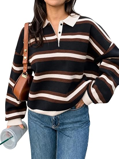 Women's Striped Polo Shirt Casual Pullover Knit Sweater