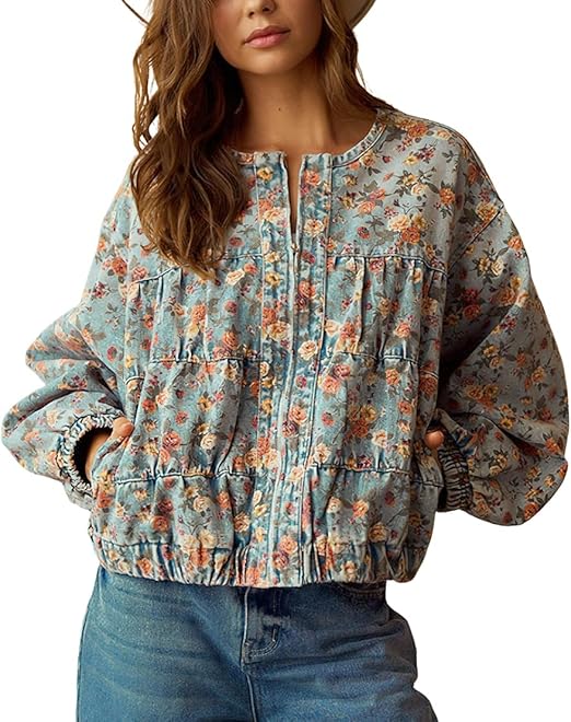 Women Spring Fall Oversized Jean Jacket Trendy Lightweight Y2K Floral Denim Bomber Jacket Coat（BUY 2 FREE SHIPPING)
