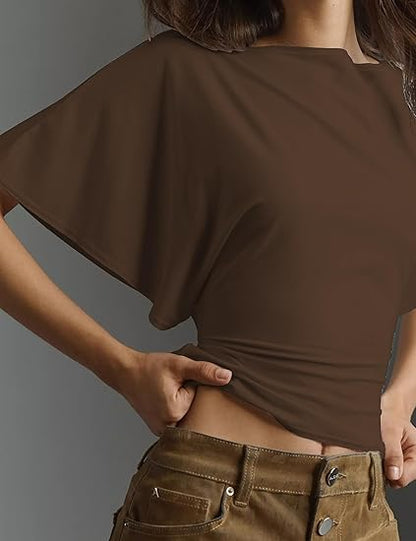 Women's Summer High-Elastic Cropped Round Neck Batwing Sleeve Back Tie T-Shirt（BUY3 FREE SHIPPING)