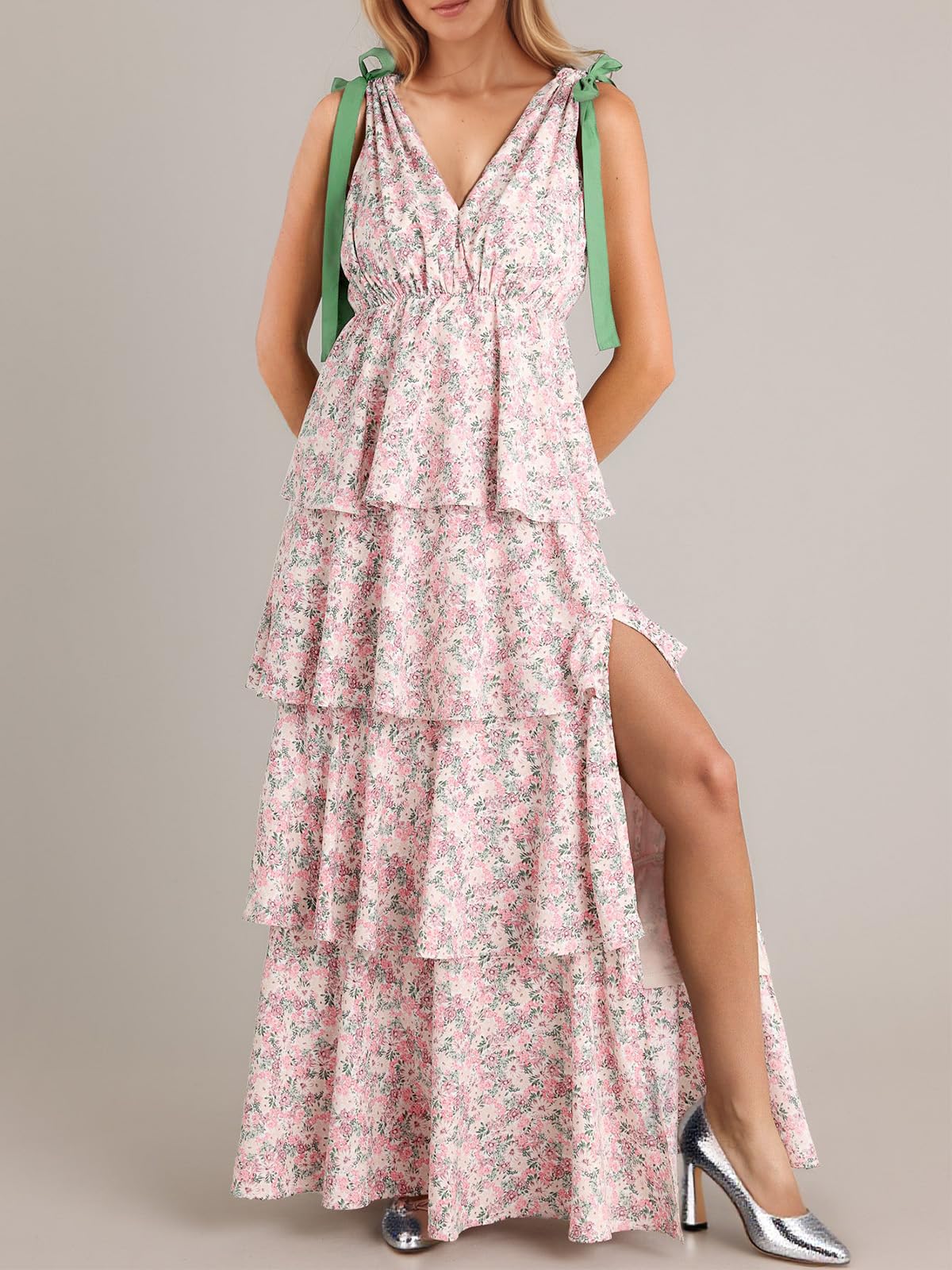 🔥Hot Sale--Women's Boho Floral Tie Strap V Neck Ruffle Tiered Maxi Dress