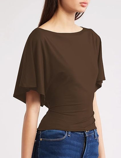 Women's Summer High-Elastic Cropped Round Neck Batwing Sleeve Back Tie T-Shirt（BUY3 FREE SHIPPING)