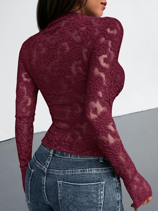 Textured Lace Mesh Long Sleeve Top
