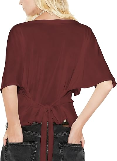 Women's Summer High-Elastic Cropped Round Neck Batwing Sleeve Back Tie T-Shirt（BUY3 FREE SHIPPING)