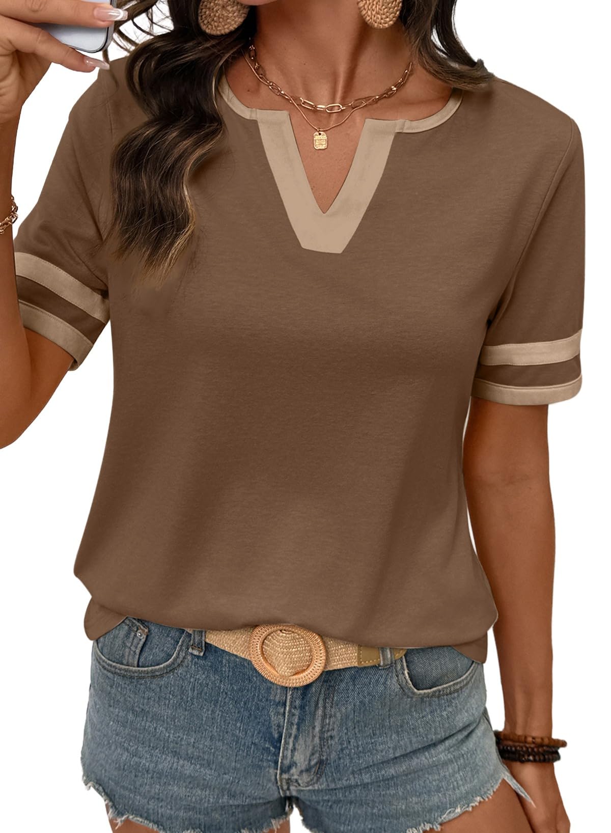 2026 Spring/Summer Women's Casual Colorblock V-Neck T-Shirt