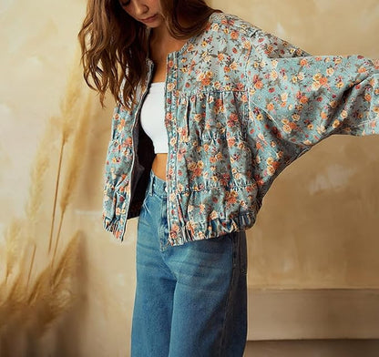 Women Spring Fall Oversized Jean Jacket Trendy Lightweight Y2K Floral Denim Bomber Jacket Coat（BUY 2 FREE SHIPPING)