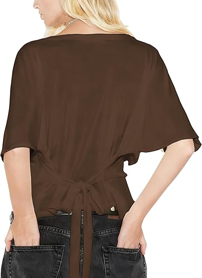 Women's Summer High-Elastic Cropped Round Neck Batwing Sleeve Back Tie T-Shirt（BUY3 FREE SHIPPING)