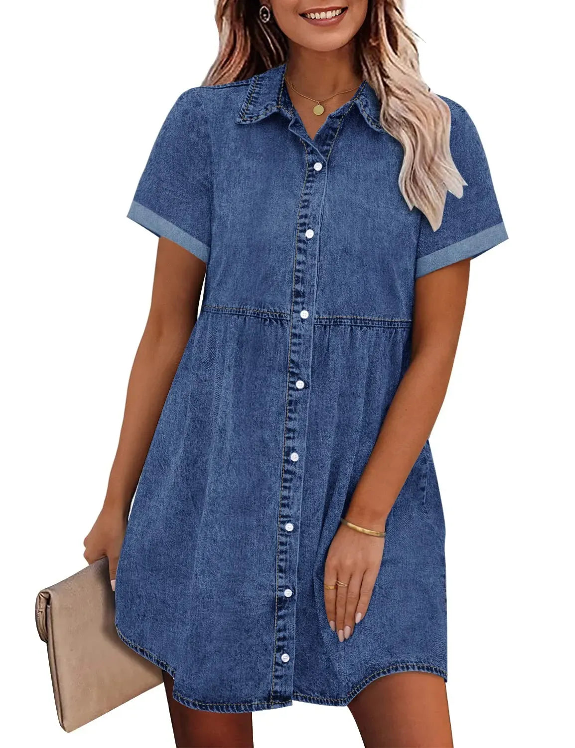 Women's Short Sleeve Button Down Flowy Tiered Babydoll Denim Dress（Buy 2 Free Shipping）