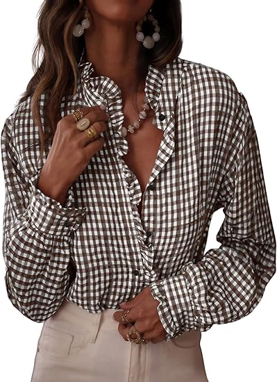 Fashionable women's plaid ruffled V-neck button-down shirt(BUY 2 FREE SHIPPING)
