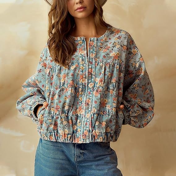 Women Spring Fall Oversized Jean Jacket Trendy Lightweight Y2K Floral Denim Bomber Jacket Coat（BUY 2 FREE SHIPPING)