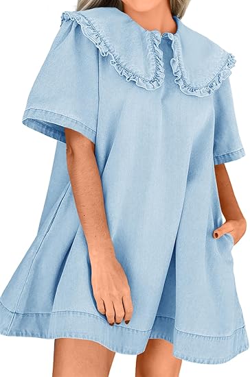 Loose Peter Pan collar short-sleeved casual denim babydoll dress（BUY 2 FREE SHIPPING)
