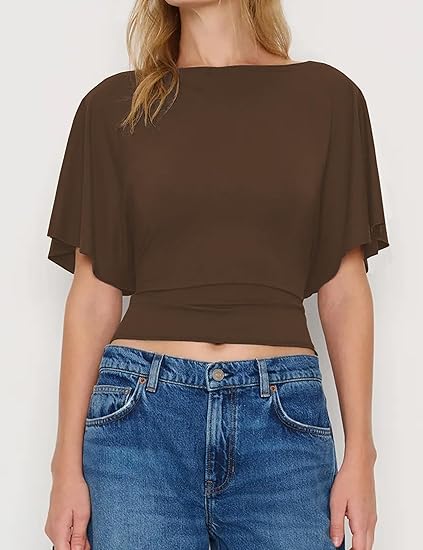 Women's Summer High-Elastic Cropped Round Neck Batwing Sleeve Back Tie T-Shirt（BUY3 FREE SHIPPING)