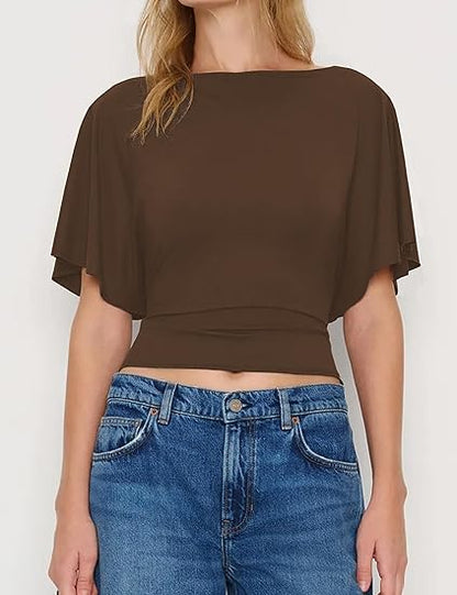 Women's Summer High-Elastic Cropped Round Neck Batwing Sleeve Back Tie T-Shirt（BUY3 FREE SHIPPING)