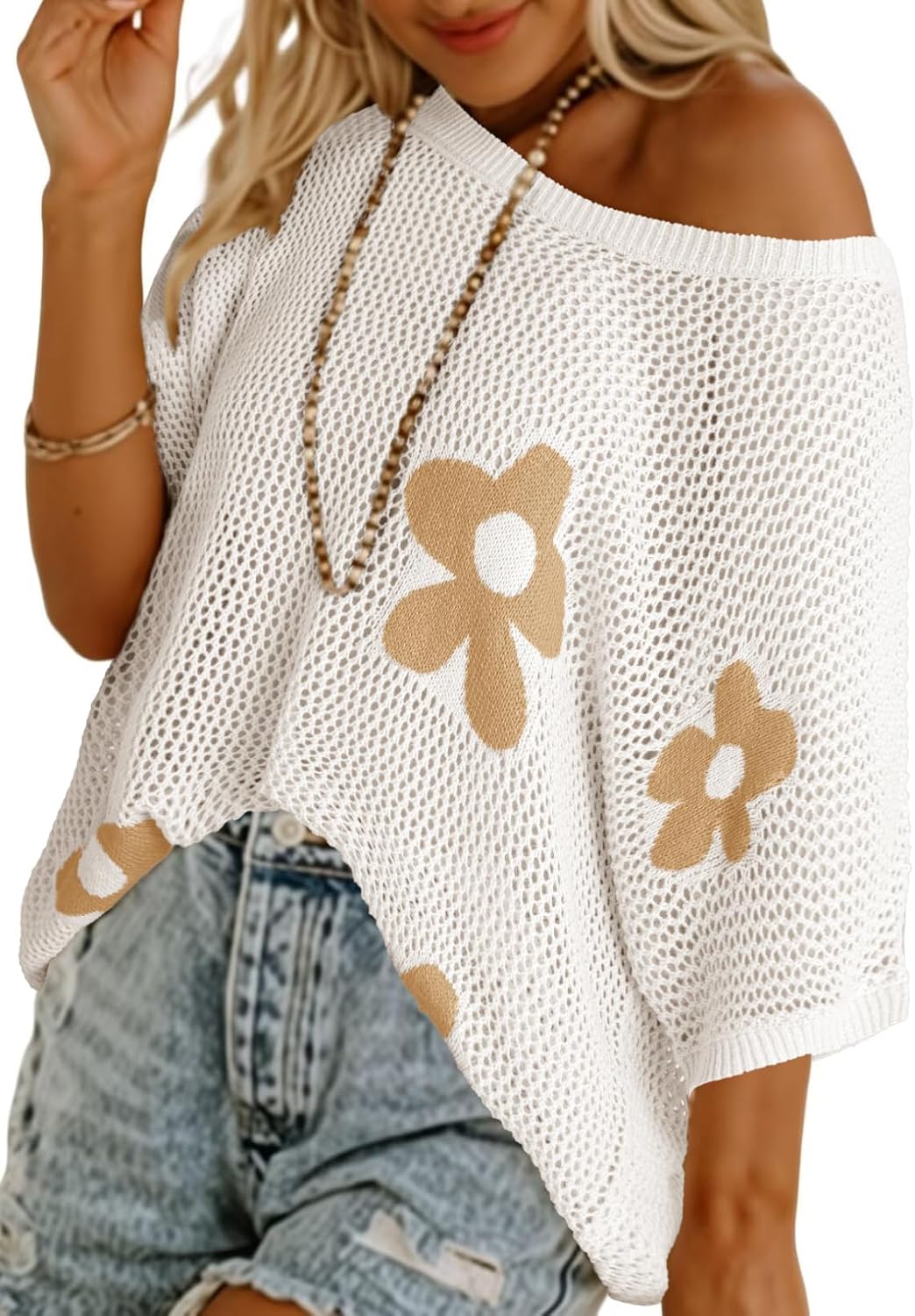 HOT SALE-Women's Floral Short Sleeve Crocheted Cover-Up