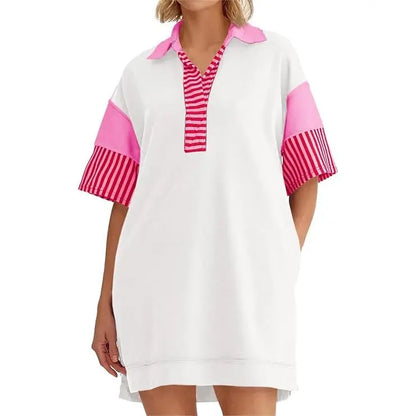 Women's Polo V Neck T Shirt Dress Casual Summer Oversized Color Block Short Sleeve Sweatshirt Mini Dresses