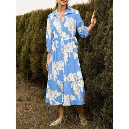 Women’s Maxi Shirt Dress Casual Floral Collared 3/4 Long Sleeve Drawstring Waist Fall Button Down Dresses