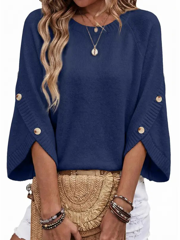 Women Crew Neck Split Button 3/4 Sleeve Oversized Knit Pullover