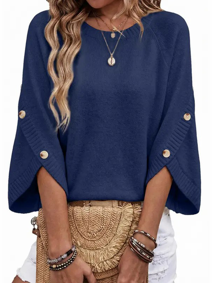Women Crew Neck Split Button 3/4 Sleeve Oversized Knit Pullover