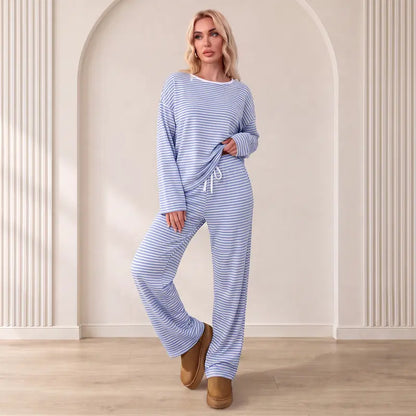 Women's Striped 2 Piece Lounge Set, Crew Neck Long Sleeve Top & Drawstring Wide Leg Pants