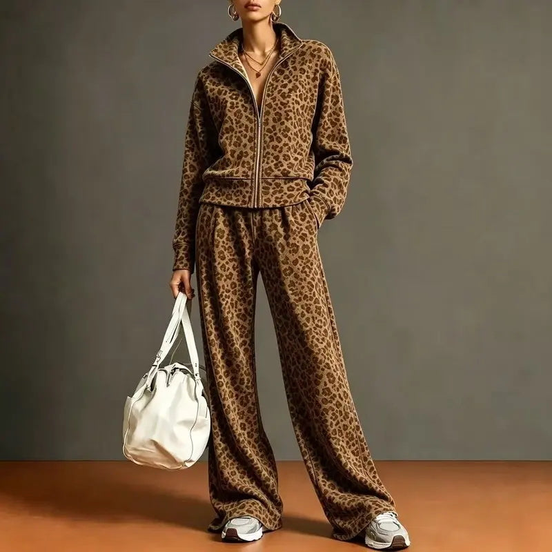 Leopard Print Zip Up Sweatshirt & Wide Leg Pants 2 Piece Tracksuit Set