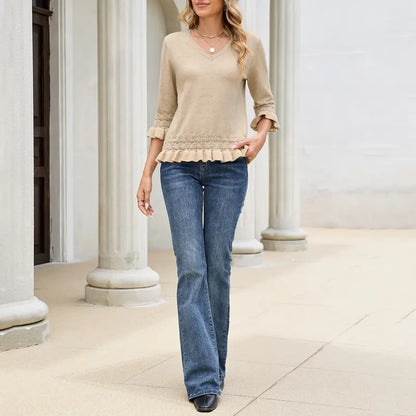 Feminine V-Neck Knit Blouse, Lightweight Ruffle 3/4 Sleeve Casual Top
