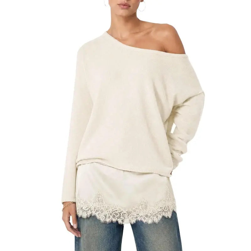 Women's one-shoulder lace-trimmed long-sleeved knit top