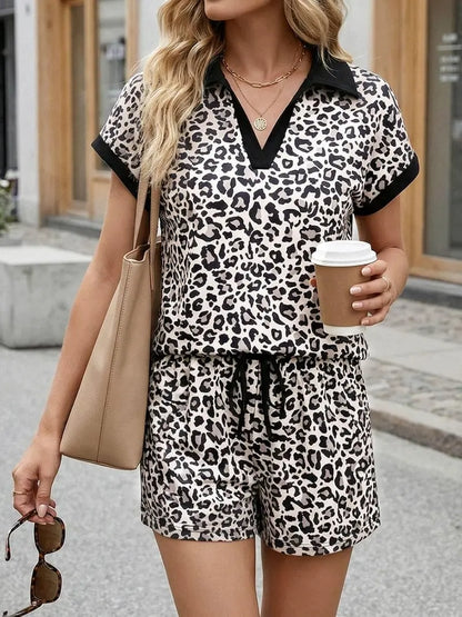 Women's Short Sleeve V-Neck Collared Top and Drawstring Shorts Set(Buy 2 Free Shipping)