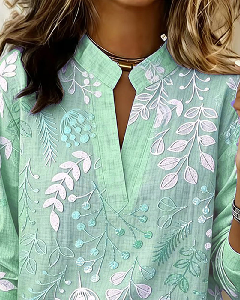 Vintage Botanical Leaf Print Notch Collar Long Sleeve Blouse