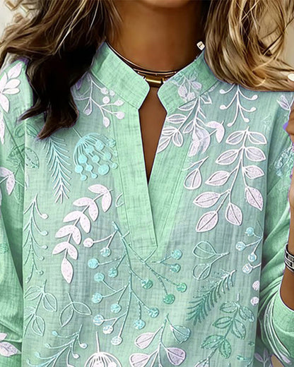 Vintage Botanical Leaf Print Notch Collar Long Sleeve Blouse