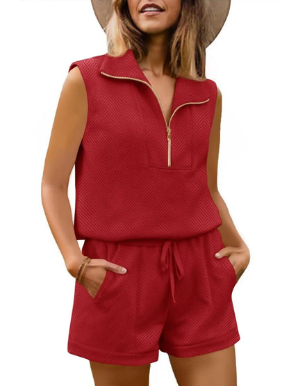Womens 2 Piece Outfits Short Sets Half Zip Sleeveless Tops and Drawstring Shorts