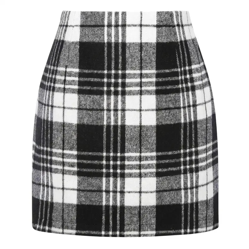 Women's High-Waist Plaid Fitted Mini Skirt, Woolen Bodycon Skirt