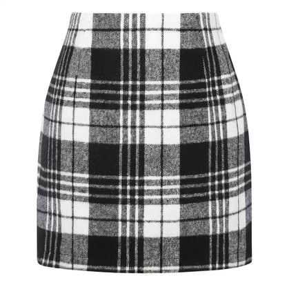 Women's High-Waist Plaid Fitted Mini Skirt, Woolen Bodycon Skirt