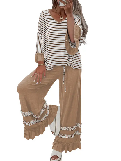 Striped V Neck Ruffle Two Piece Set