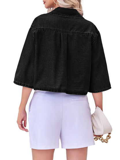Women's Cropped Oversized Short Sleeve Denim Shirt