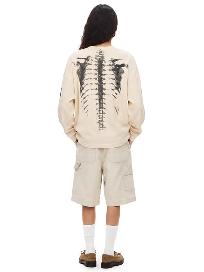 Skull Print Waffle Long Sleeve Top, Y2K Vintage Loose Streetwear Pullover