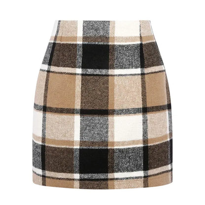 Women's High-Waist Plaid Fitted Mini Skirt, Woolen Bodycon Skirt