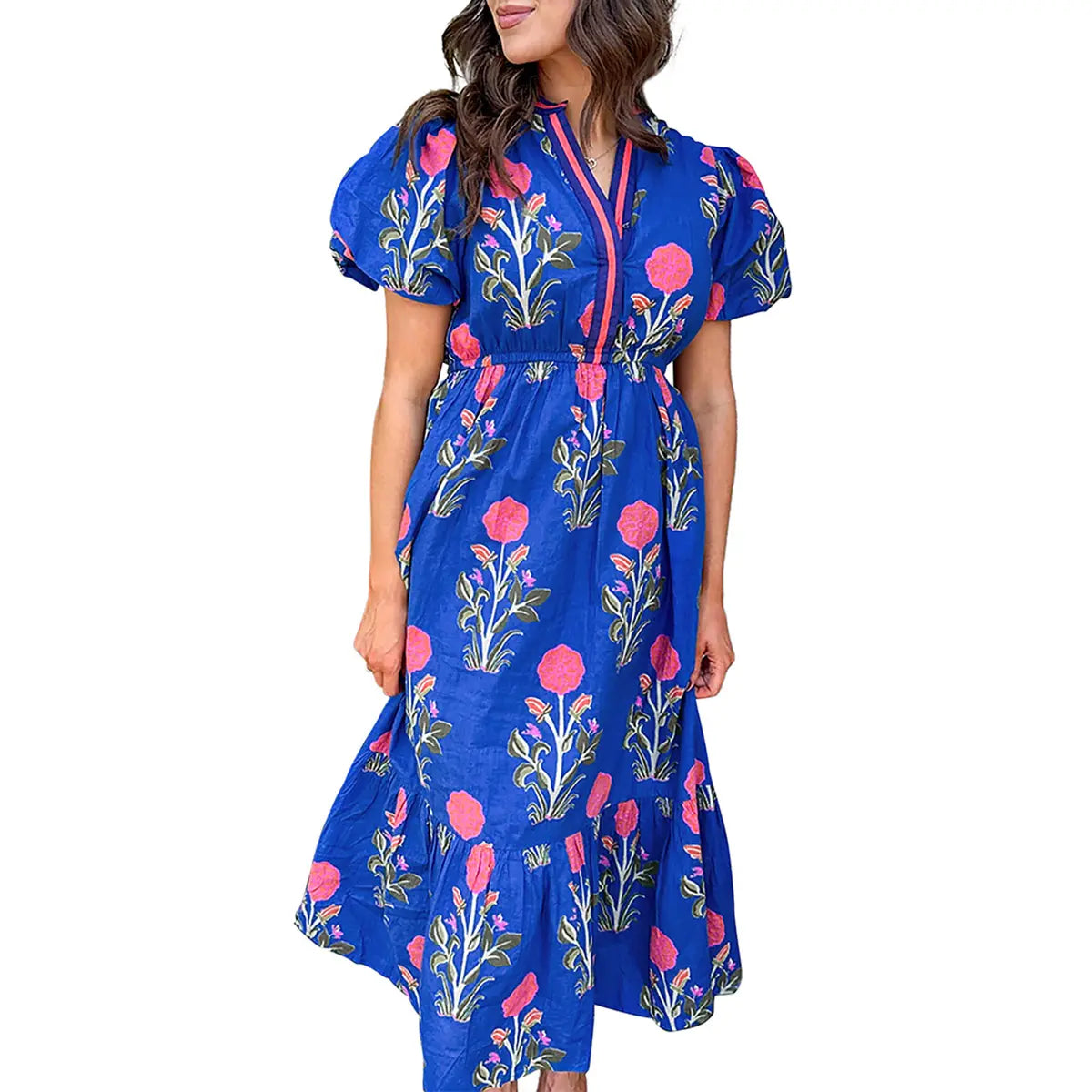 Womens Dresses Floral Puff Short Sleeve V Neck High Waist Maxi Dress with Pockets