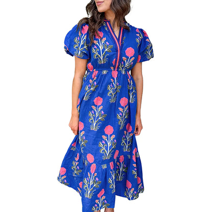 Womens Dresses Floral Puff Short Sleeve V Neck High Waist Maxi Dress with Pockets