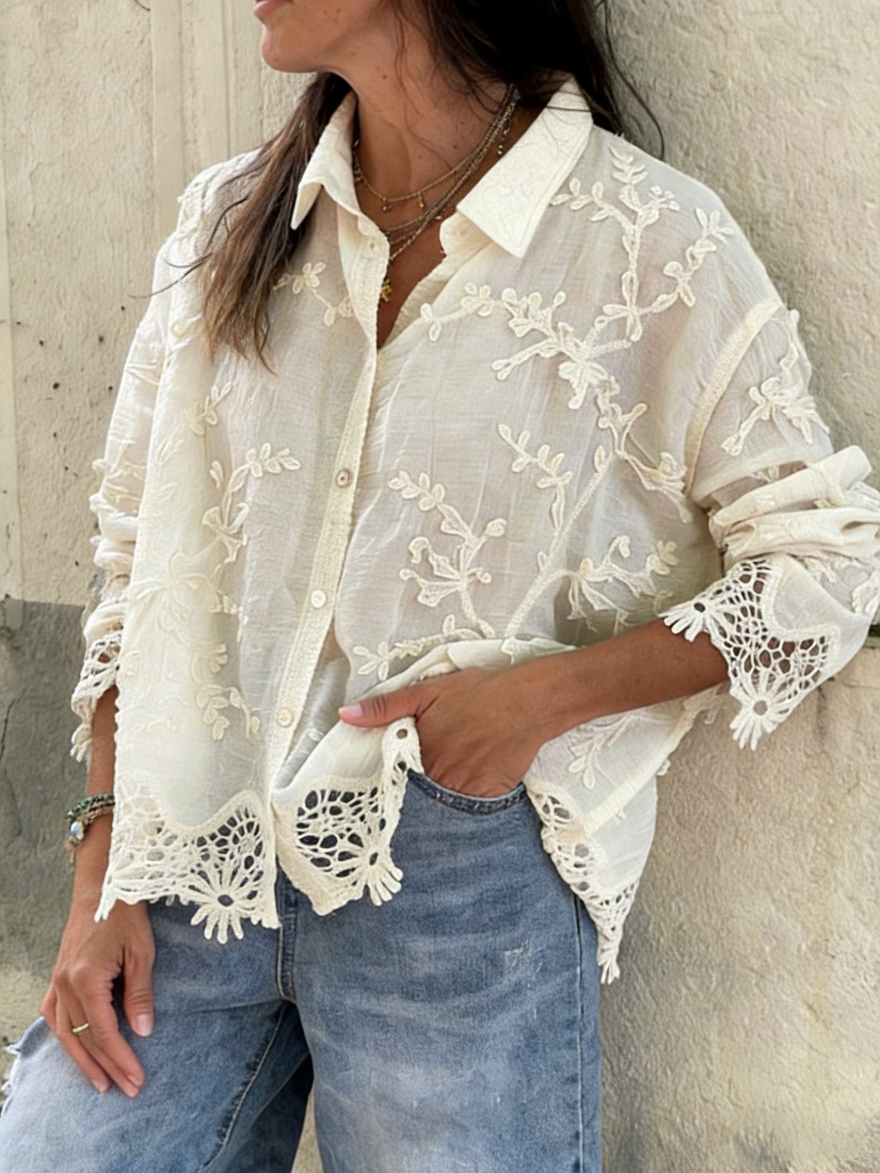 Cotton and linen collared 3D embroidered shirt（BUY 2 FREE SHIPPING)