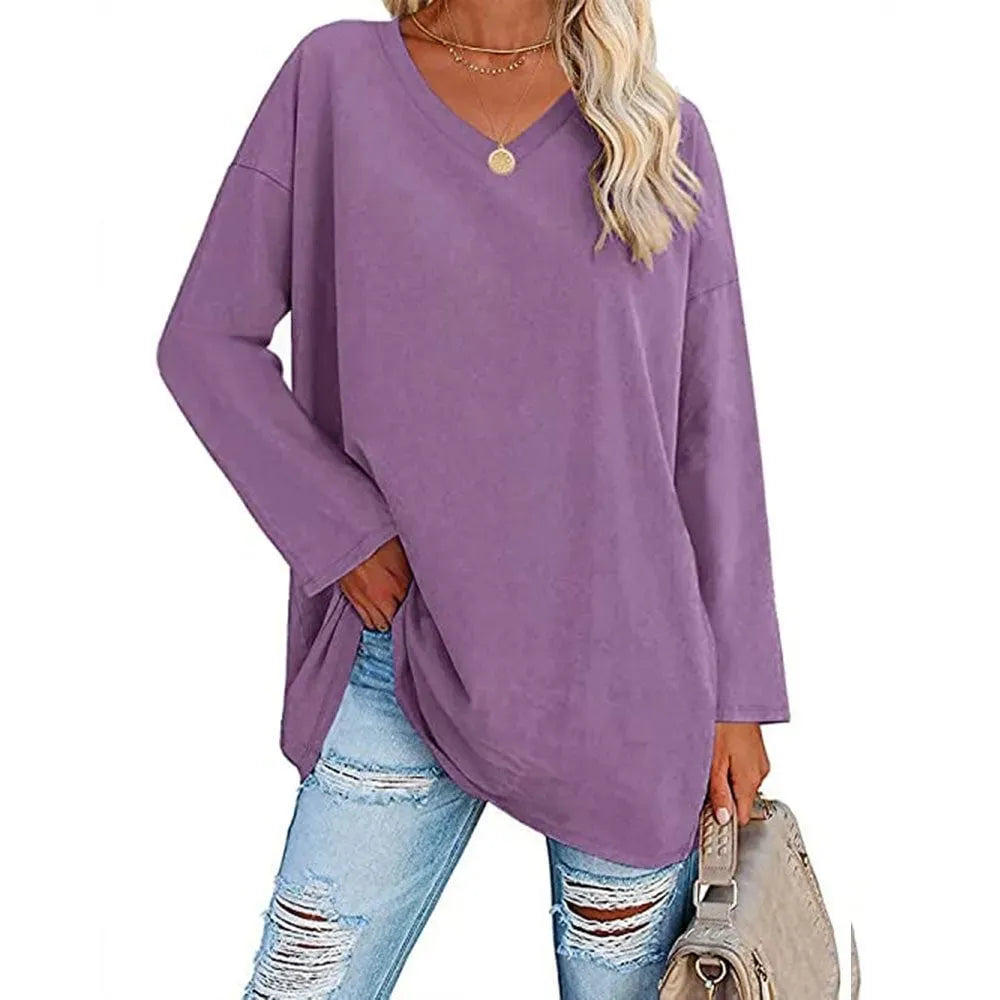 WOMENS LOOSE FASHION V-NECK TOP SHORT & LONG OPTION