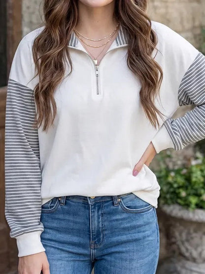 Women's Color Block Half Zip Striped Raglan Sweatshirt